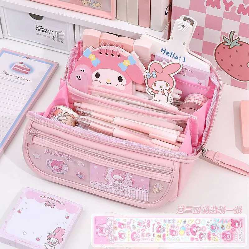 Sanrio Pencil Case Kawaii Cartoon Large Capacity Storage Double Layer Kuromi Cinnamoroll Melody for School Pencil Bag Students w250714