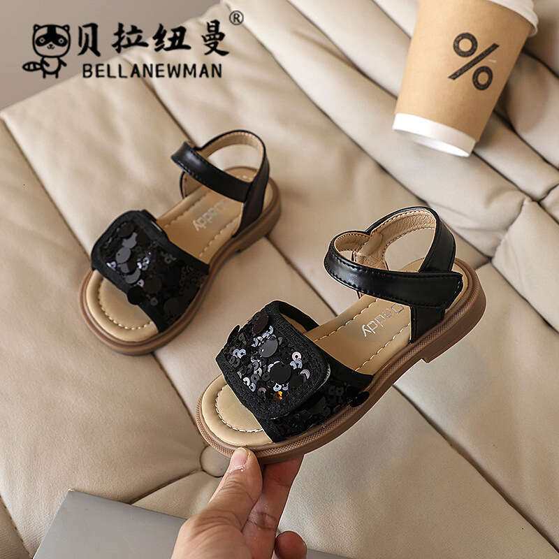 Girls' Fashion Sequin Princess 2025 Summer New Korean Style Children's Soft Sole Beach Black Sandals