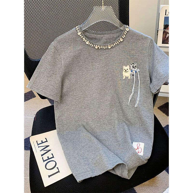 European Heavy Industry Rhinestone Gray Short Sleeve Pure Cotton T-Shirt For Women Summer New Loose Design Sense High-End Women's Clothing B5