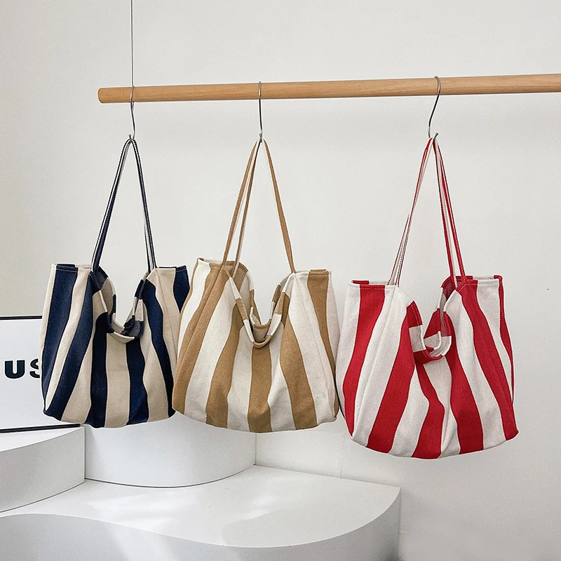 Summer Stripe Canvas Tote Bag Female Casual Large Capcity Handle Bag Simple Shoulder Bags Shopping Handbag Daily Bag 250704
