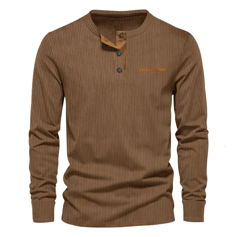 Mens Long Sleeve Tshirt Spring And Autumn Comfortable Corduroy Pocket Daily Casual Henry Shirt Fashion Clothing 250707