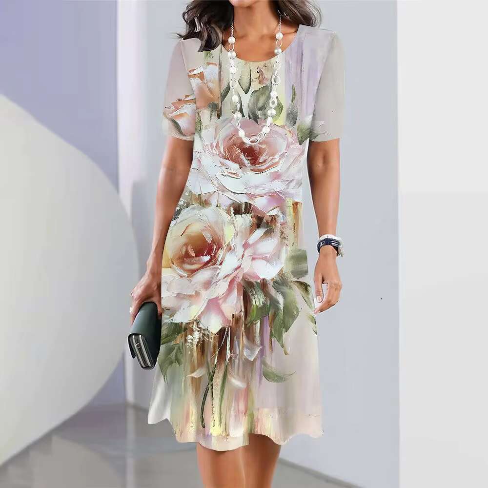 2024 New Spring Floral Printed Elegant Casual Short Sleeve Fashion Oversized Womens Dresses dongdumaoyi