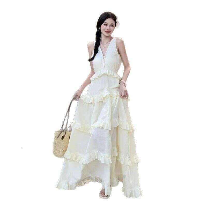 Strap For Women Spring Summer New Elegant Apricot High Waist Petite Sleeveless High-End Cake Long Dress B5