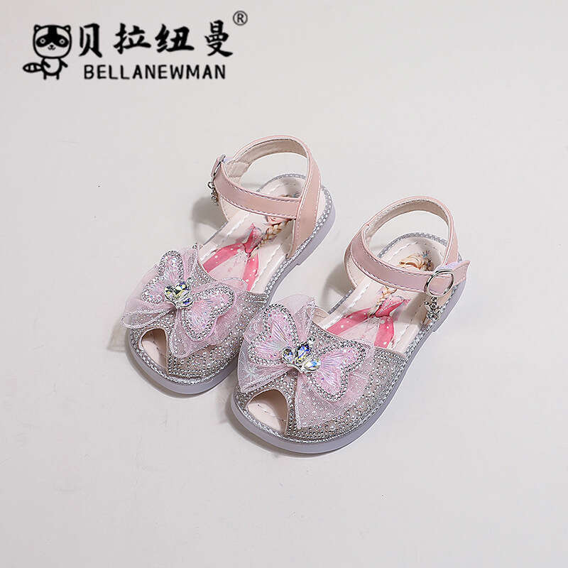 Girls' Peep-Toe Hollow 2024 Summer New Children's Butterfly Fish Mouth Rhinestone Soft Sole Princess Sandals