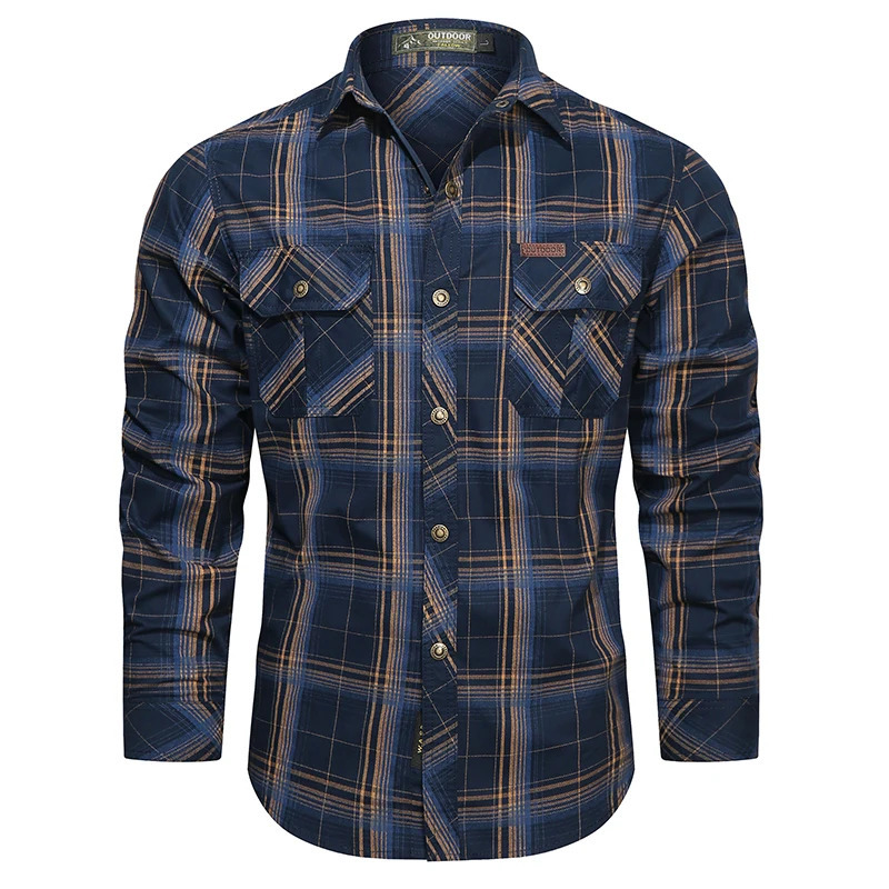 2024 Plaid Shirt for Men Long Sleeve Striped Outdoor Casual Shirts Turndown Collar 2Pokcet Cargo High Quality Tops 250704