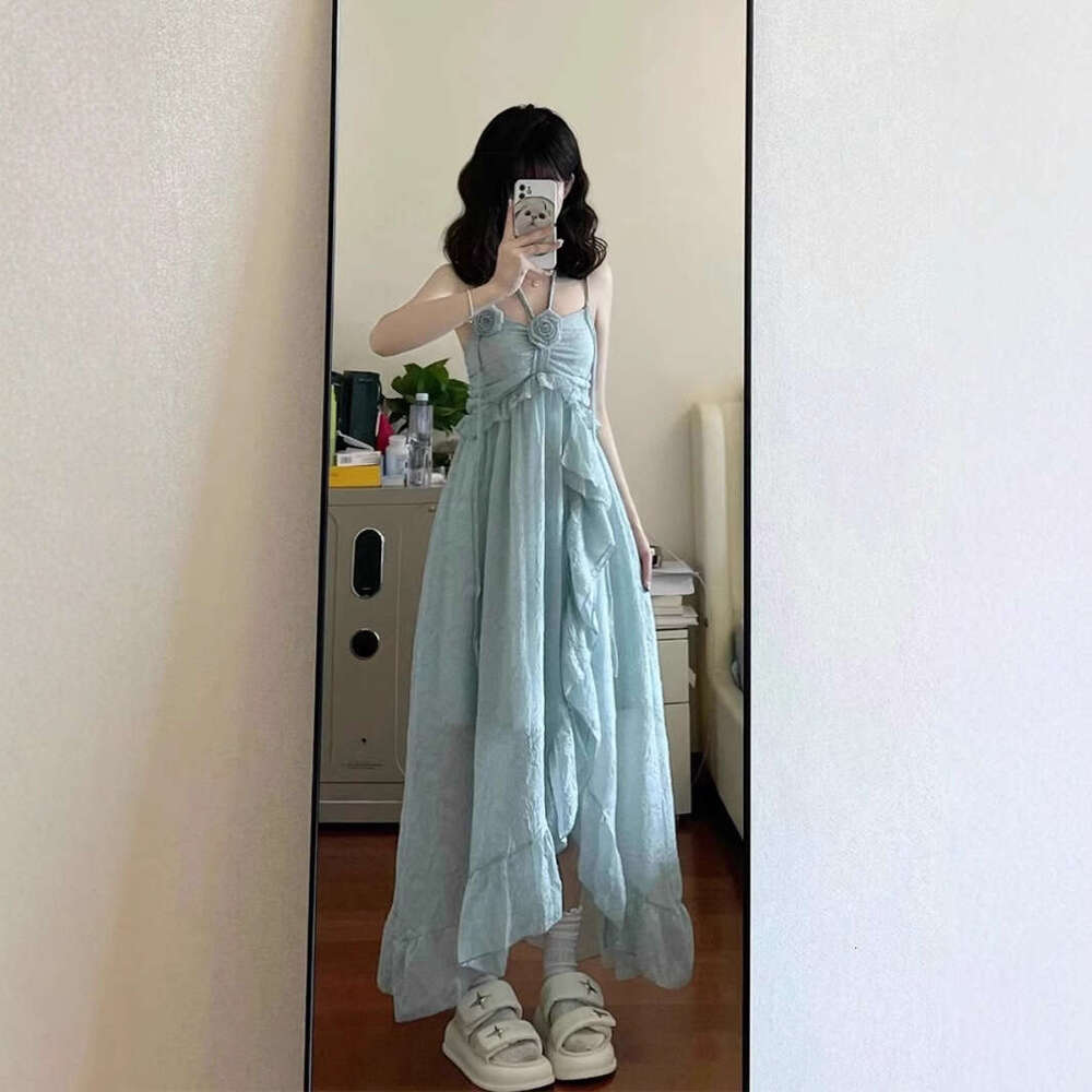 French Style Halter Neck Strap For Women Summer Vacation Beach Elegant Green Ruffle Long Dress B5