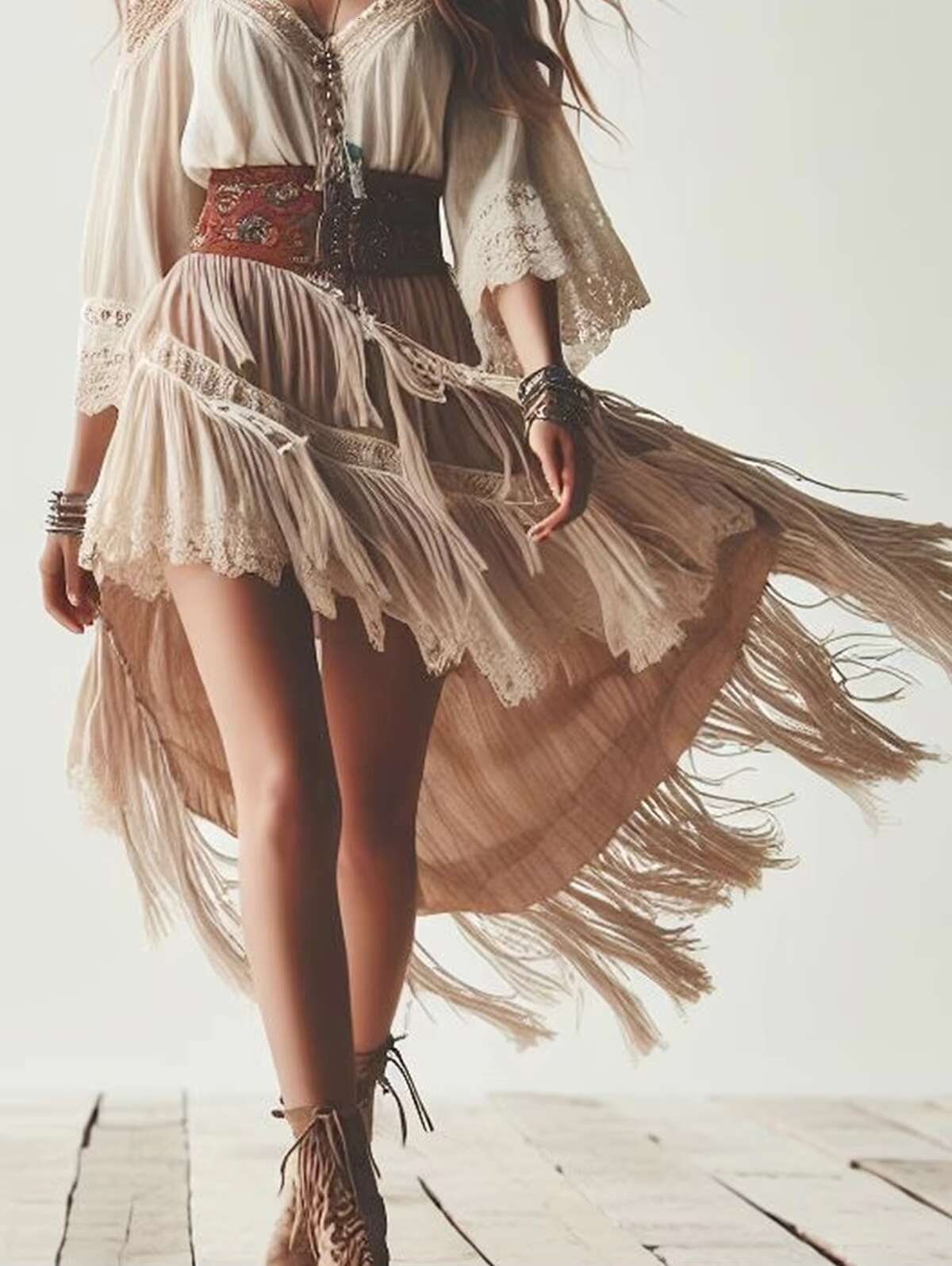 Womens Boho Cold Shoulder V Neck Lace Fringe Ethnic Chic Elegant Irregular Hem Indie Folk Sweet Midi Dress for Summer dongdumaoyi