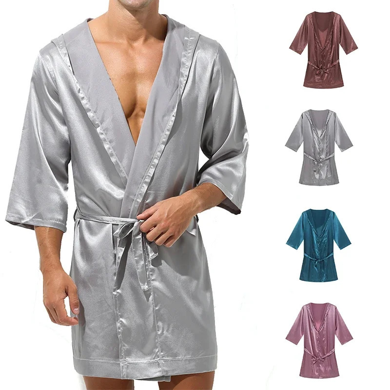 Men Bathrobes Summer Short Sleeve Homewear Silk Pajamas Bathrobe Mens Robes Sleepwear 250710