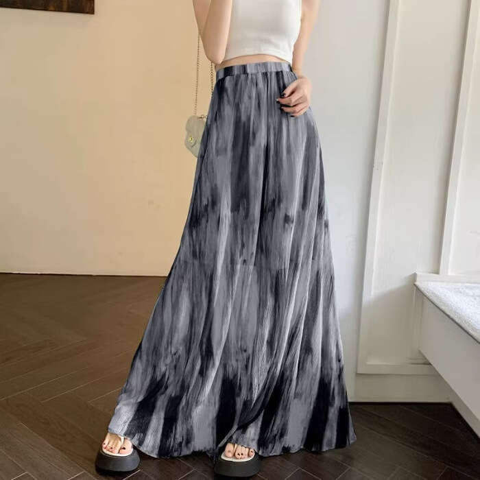 Summer Ink Wash Pleated Midi For Women, Slim Fit High Waist Draped Loose Flared Long Skirt B5