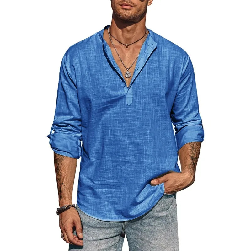 Mens Long Sleeve Cotton Shirt Linen Stand Collar Tshirts Lightweight Breathable Streetwear Half Button Hawaiian Large 250707