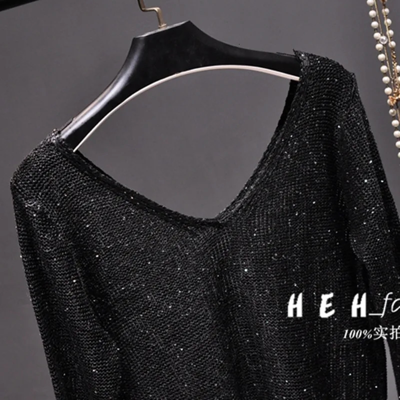 Sequined Double V-Neck Slim Fit Slim Knit Sweater Sparkling Sexy Hollow Bottom Long Sleeve Off-the-Shoulder Top 250708