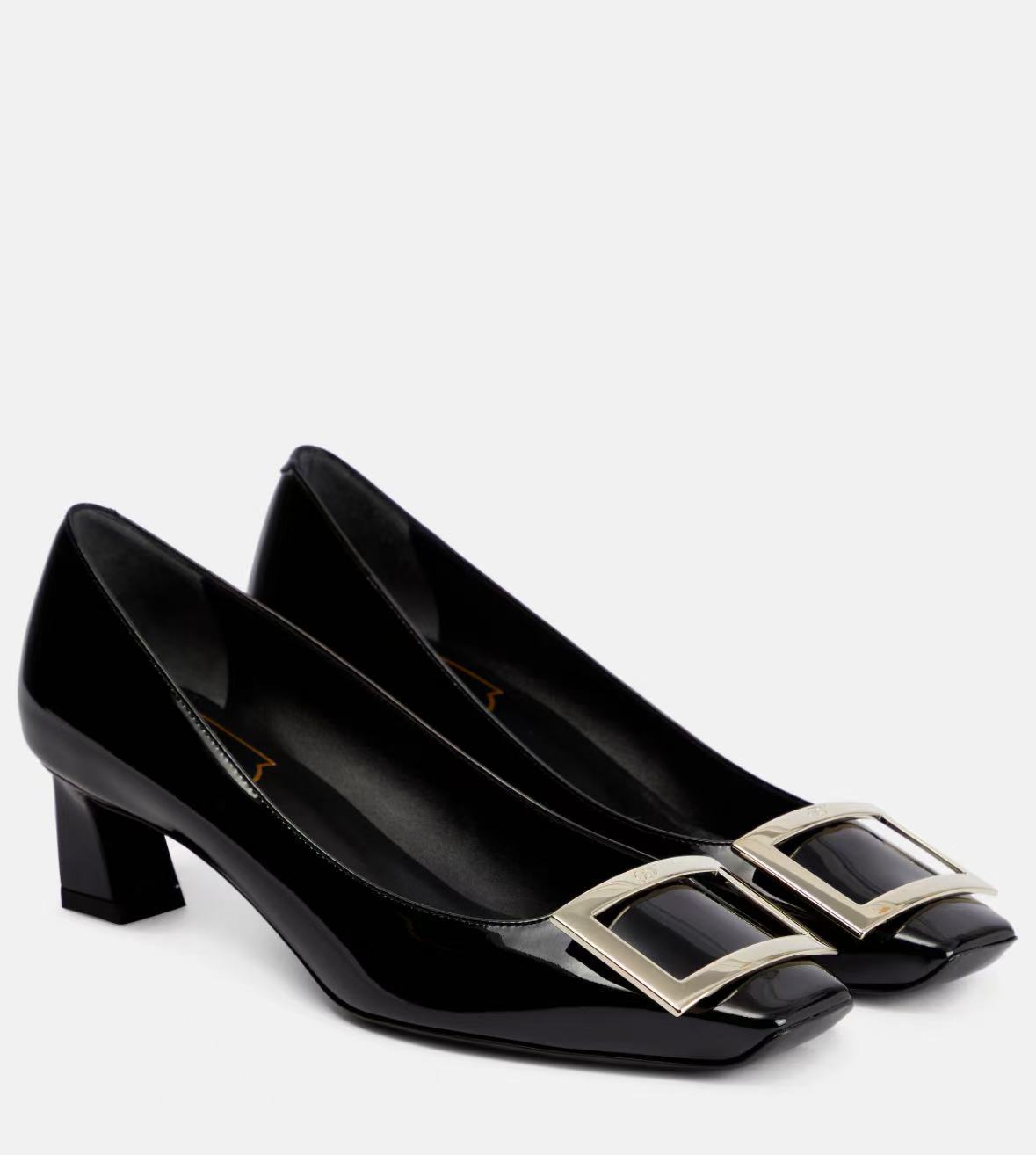New Arrival Square Buckle Square-Toe Pumps - Genuine Leather Mid Heel Office Shoes for Women (Slate Grey/Classic Red/Jet Black, 4cm and 7cm)