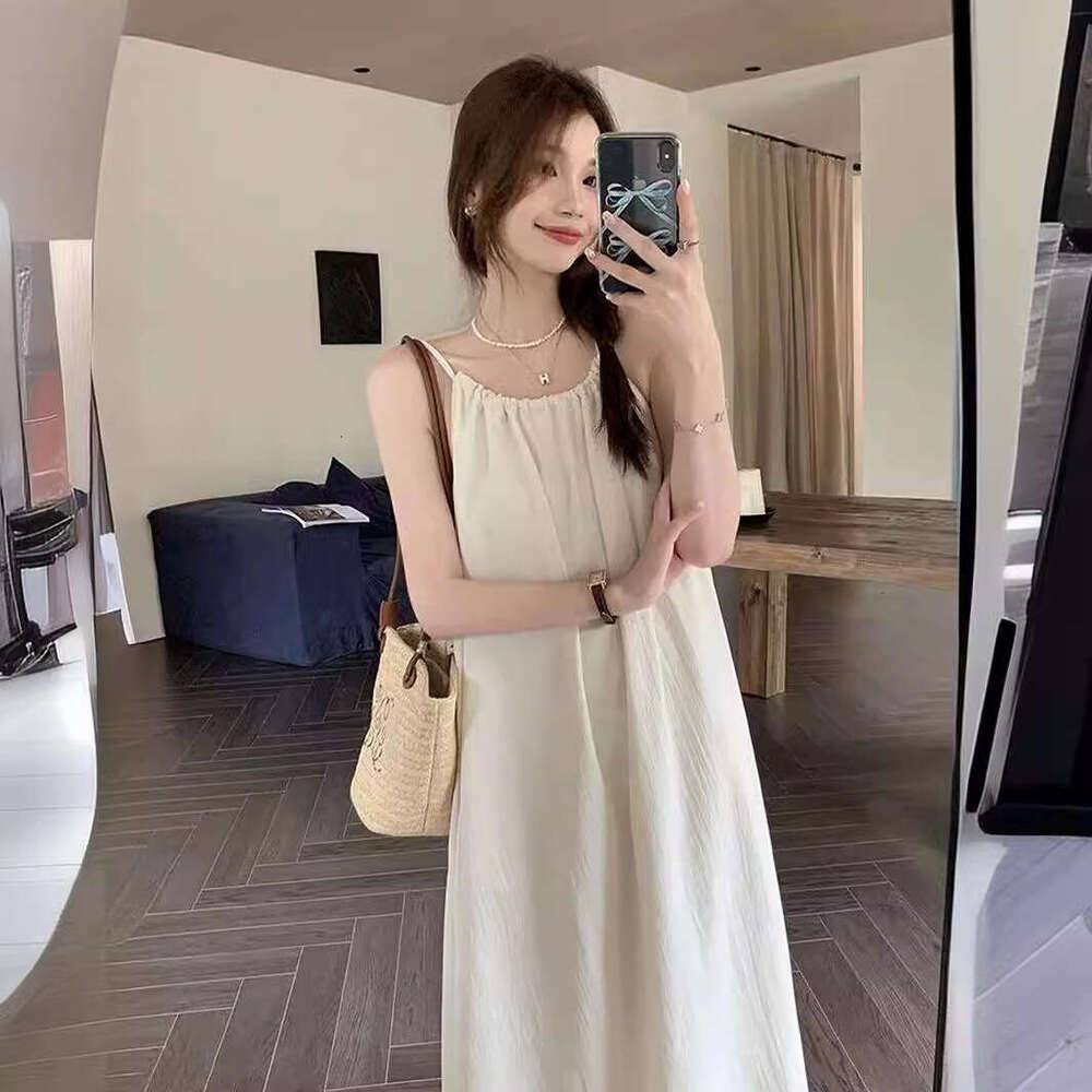 French Style Spaghetti Strap Fairy Summer Sweet Fresh White Beach A-Line Loose Sleeveless Long Dress B5