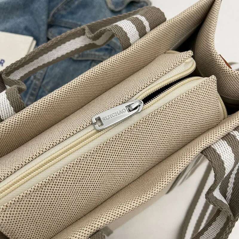 Linen Fabric Handbags For Women Quality Striped Large Capacity Shoulder Crossbody Latest Plain Color Shopping Totes Bag