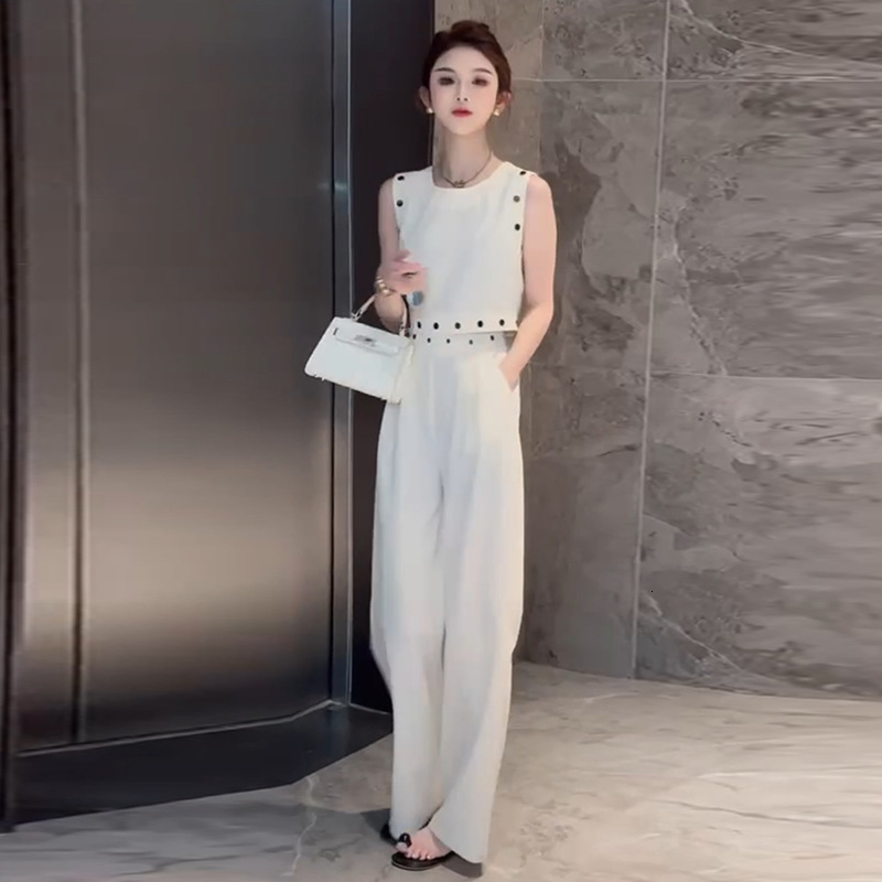 White Casual Fashion Sleeveless Set for Women Summer High-End Vest Top Wide-Leg Pants Two-Piece Set 241127