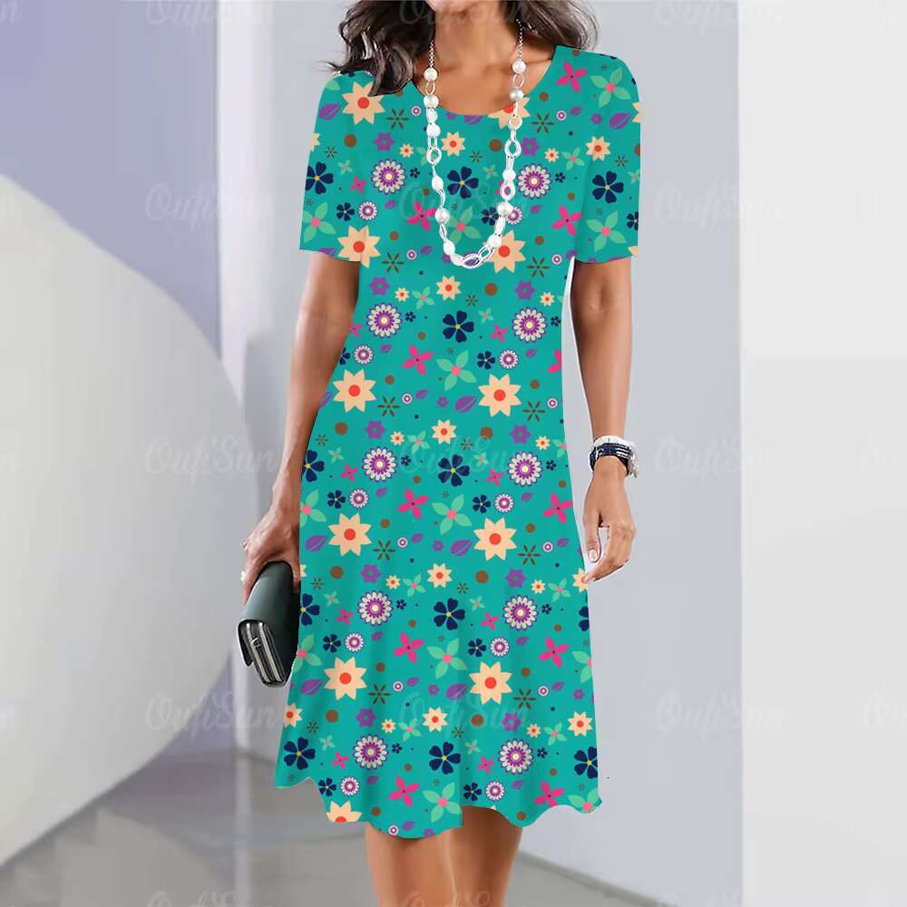 2023 Summer Womens Crushed Flower Elements Travel Party Dresses Elegant Casual Loose Short Sleeve Dress dongdumaoyi