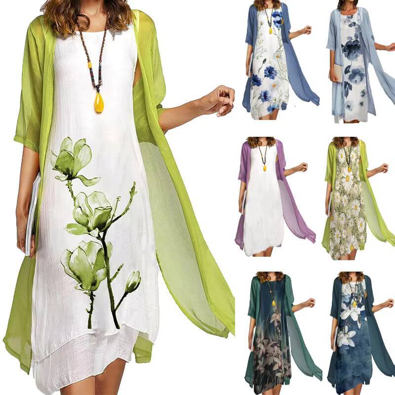2025 new! Eu-us Summer Womens casual elegance 2 printed crew-neck loose dress sweater coat set dongdumaoyi