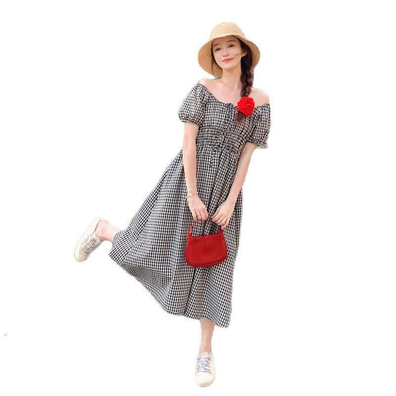 French Style Black Puff Sleeve Plaid For Women Summer New Small Petite Elegant Slimming Long Dress B5