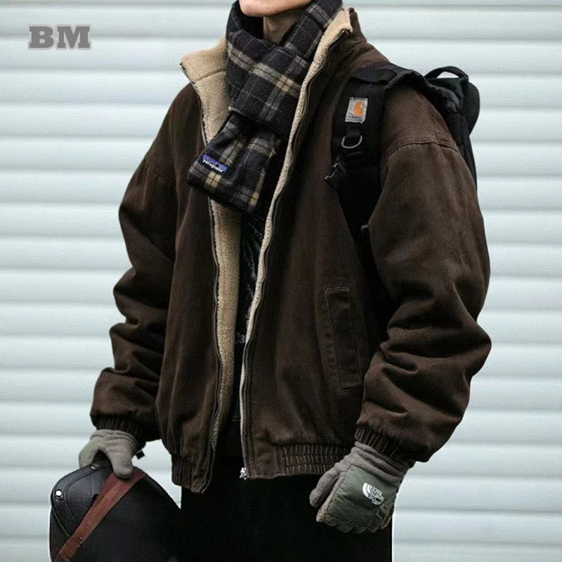 Japanese Vintage Polar Fleece Jacket Men Winter High Quality Thick Jacket Korean Streetwear Loose Couple Trendy Warm Coat Male 250708