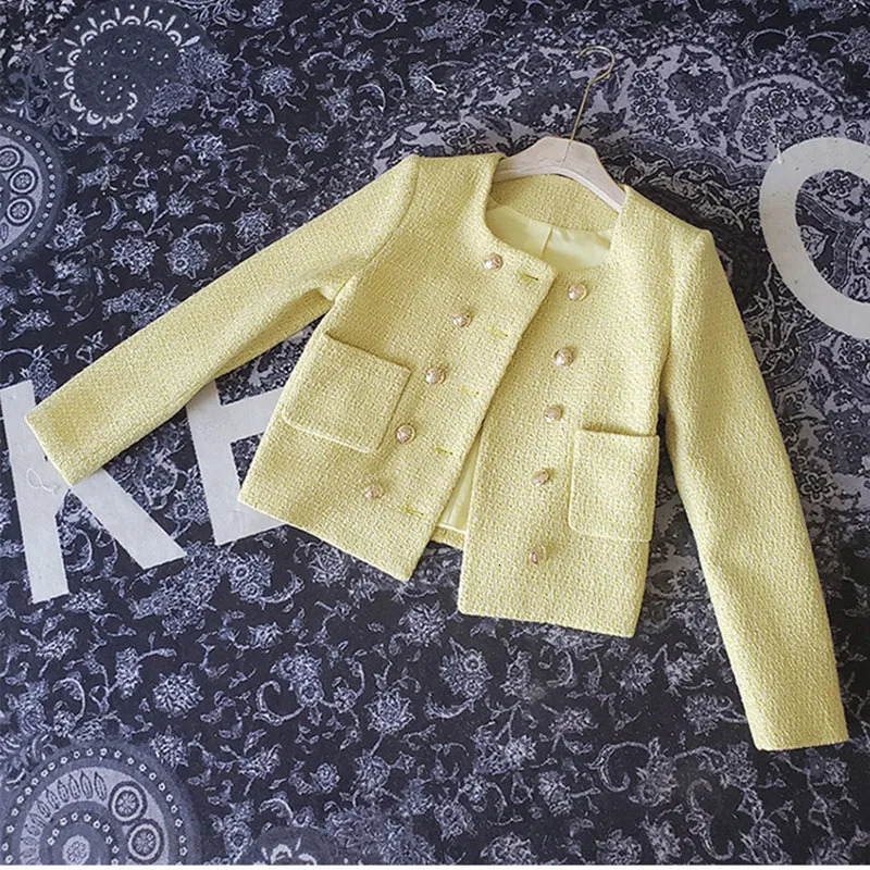 White Tweed Woolen Women Jackets Coat Blazer Autumn Winter 2025 Double Breasted Pointed Collar with Button Blazers Jacket 250709
