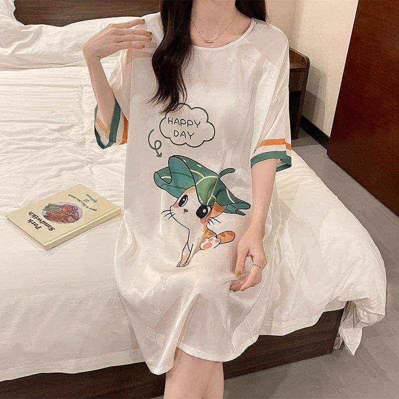 X202-Ice silk pajamas women's summer nightdress new cartoon large size thin short sleeves can be worn outside home clothes