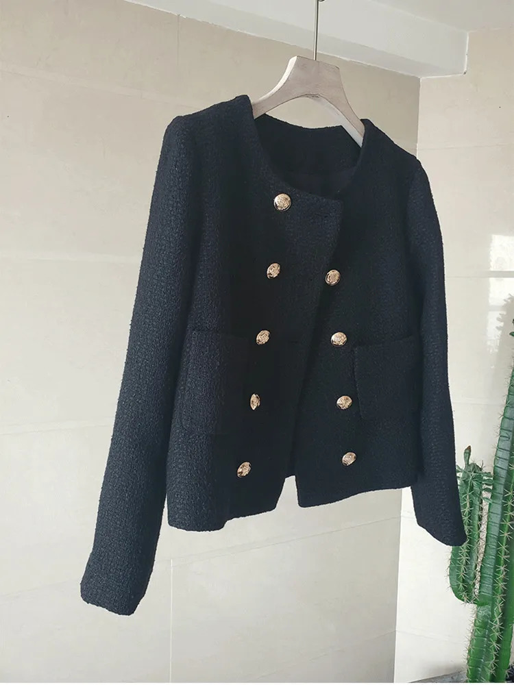 White Tweed Woolen Women Jackets Coat Blazer Autumn Winter 2025 Double Breasted Pointed Collar with Button Blazers Jacket 250709