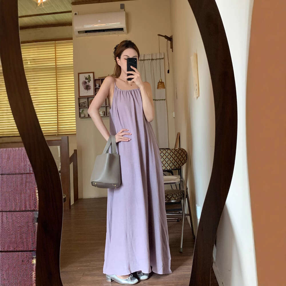 French Style Spaghetti Strap For Women Spring Summer New Elegant Loose Slimming Vacation Sleeveless A-Line Long Dress B5