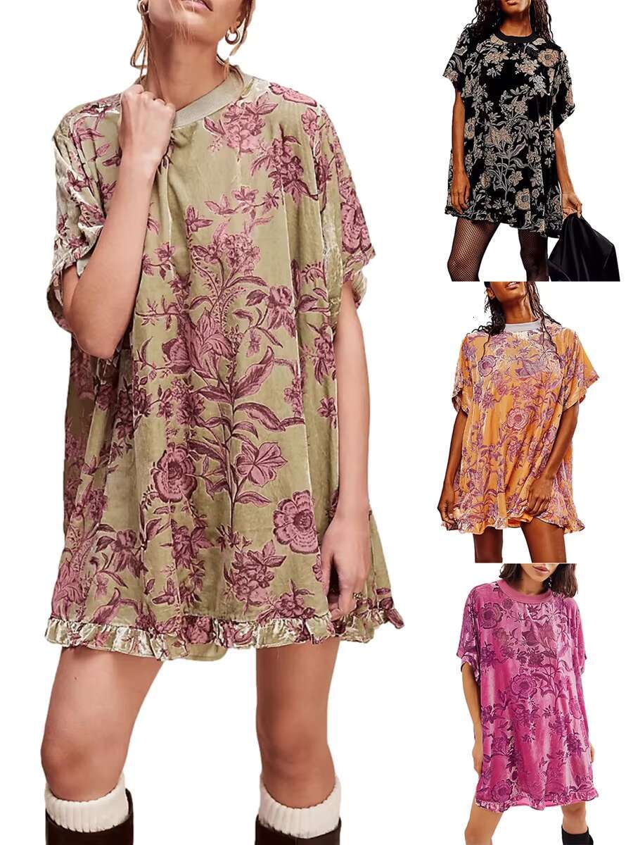 Women Velvet Summer Casual Loose Long Sleeve Crew Neck Flower Mini Lady Female Short Dress dongdumaoyi