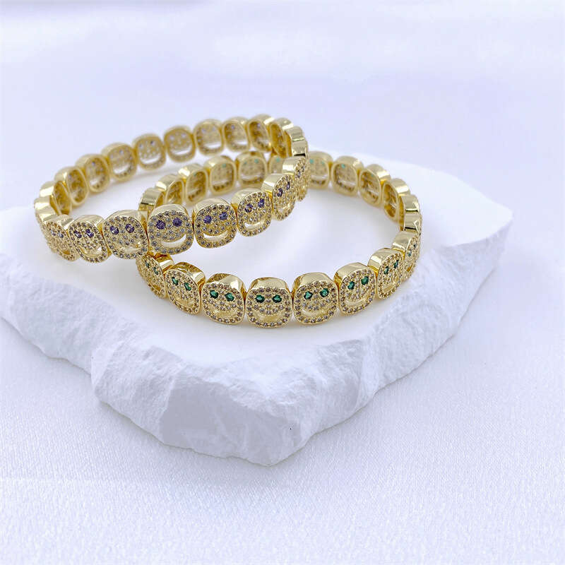 Personalized Hip-Hop Style Micro-Inlaid Smiley Face Elastic Copper Color Zircon Trendy Expression Bracelet for Couples