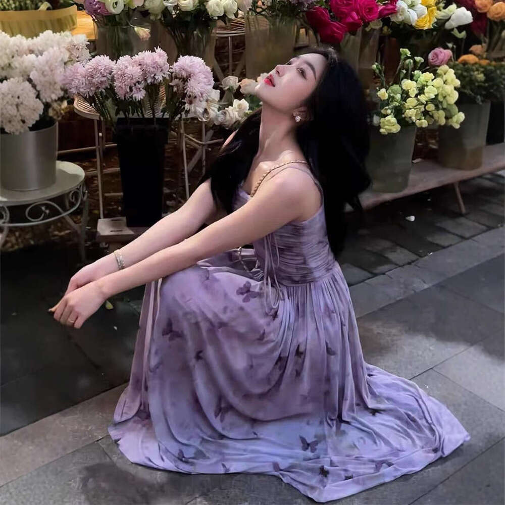 French Floral Butterfly Strap For Women Summer New Elegant Waist-Slimming Fairy Dress B5