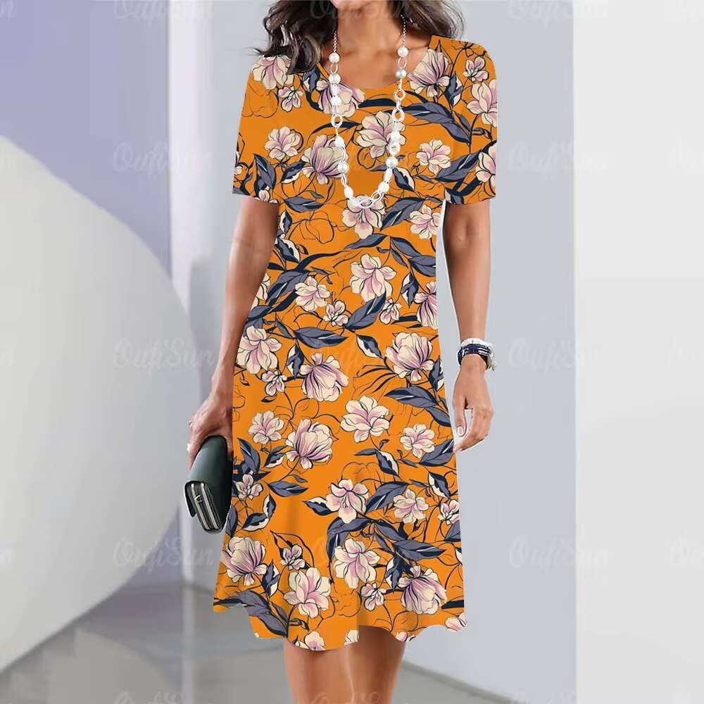 2023 Summer Womens Crushed Flower Elements Travel Party Dresses Elegant Casual Loose Short Sleeve Dress dongdumaoyi