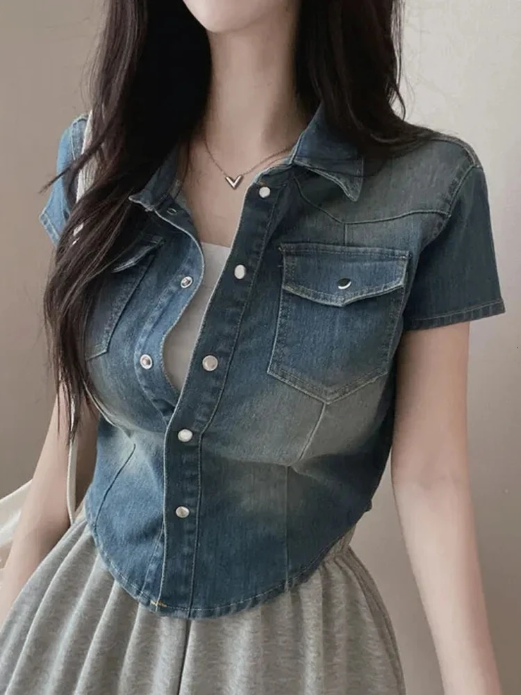 Slim Fit ort Sve Collar Denim irt Jaet Womens Lightweight Vintage n Summer Faion Small Size Top 250704