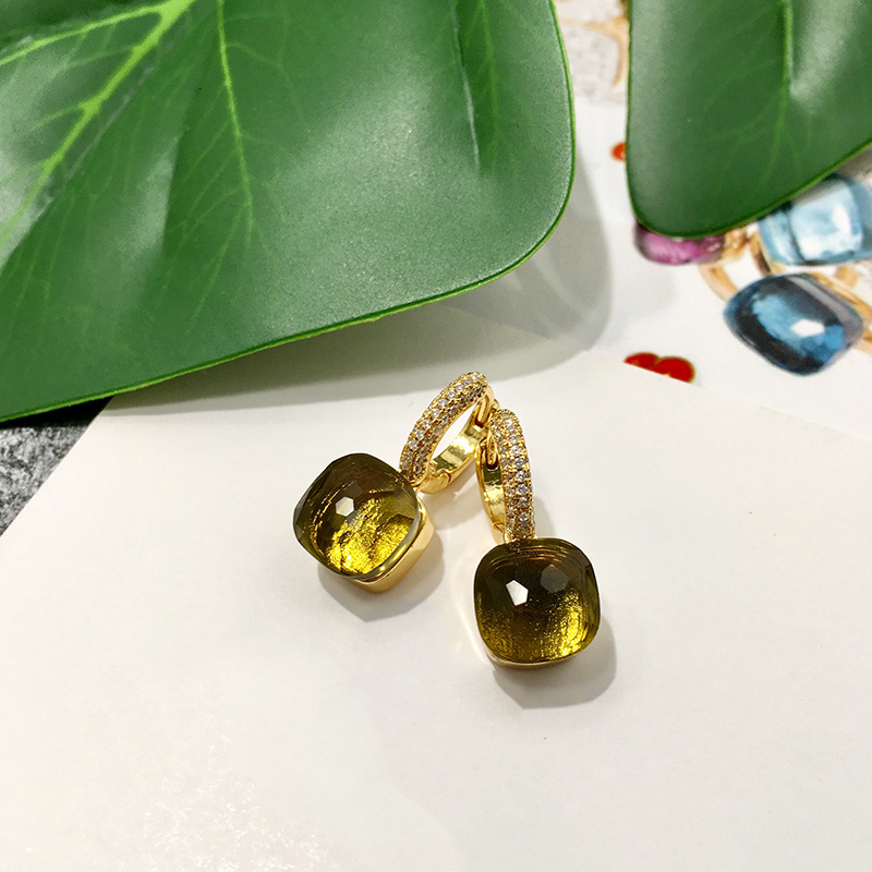 Fashion Crystal Gold Inlaid Diamond Earrings Korean Version Ins Style Cool Candy Color Geometric Square Stud Earrings
