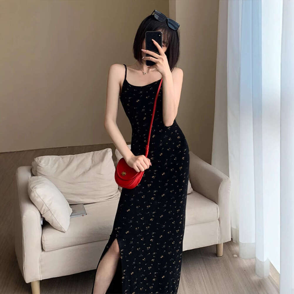 Black Floral Strap For Women Summer French Sweet Spicy Sexy Ruched Slit Bodycon Inner Long Dress B5