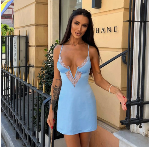 Casual Dresses Women Spaghetti Strap Bodycon Mini Dress Y2k Fairy Backless Sexy Lace Patchwork Hollow Out Party Club Streetwear