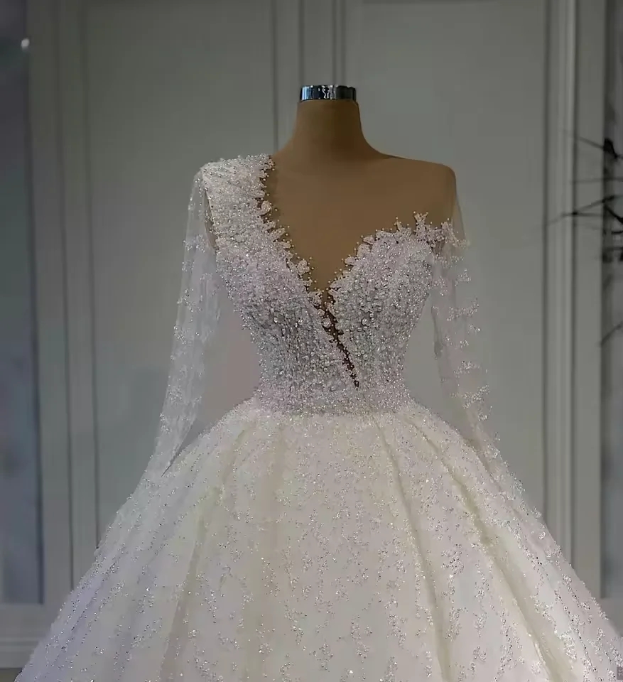 2025 New Modern Sequins Wedding Dress Sheer Neck Lace Long Sleeve A-line Bride Bridal Gowns Vestidos De Novia Robe Mariage