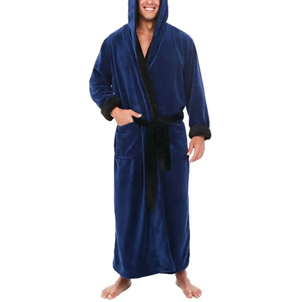 Men Bathrobe Pockets Sleepwear Soft Men Coral Fleece Color Block Long Bath Robe Home Gown Autumn Winter Plush Bathrobe Sleepwear 250710