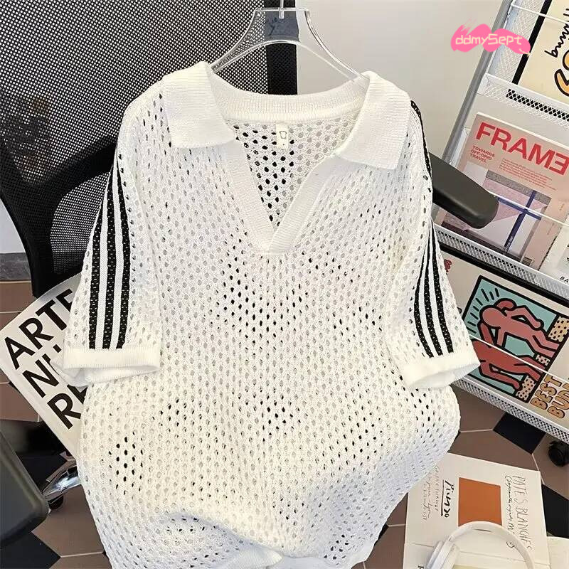 Spring Hollow Out Knitted Coats American Vintage Trend Striped Zipper Sweater Jacket Women Casual Loose Crochet Cardigan 144A ddmysept