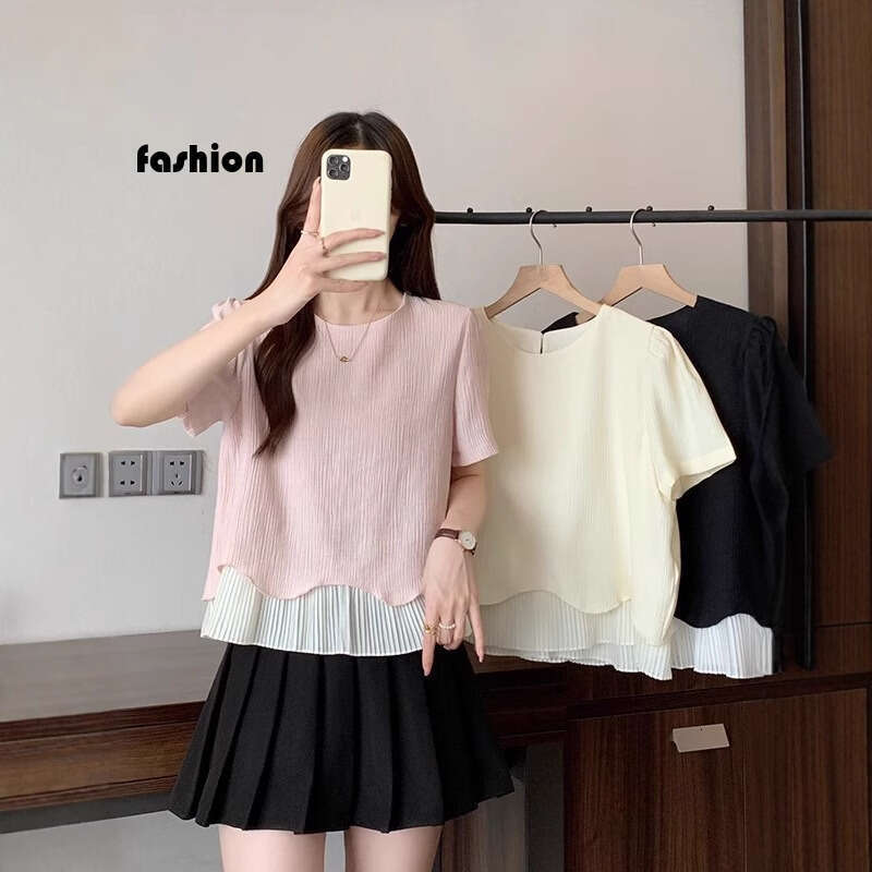 Plus Size Gentle Ruffled Patchwork Short Sleeve T-Shirt For Women Summer New Korean Style Regular Shoulder Design Niche Top B5 h7