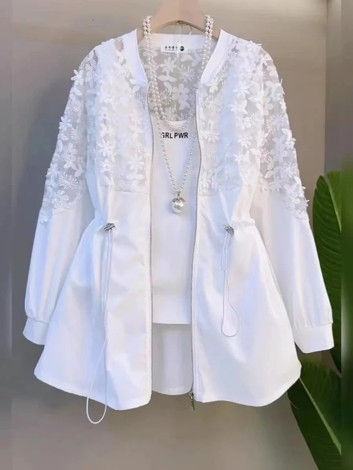 Summer Embroidery Flower Windbreaker Large Size WomenS Trench Coat Fashionable Slim Lace Splicing Long-Sleeved Jacket Outwear 250708