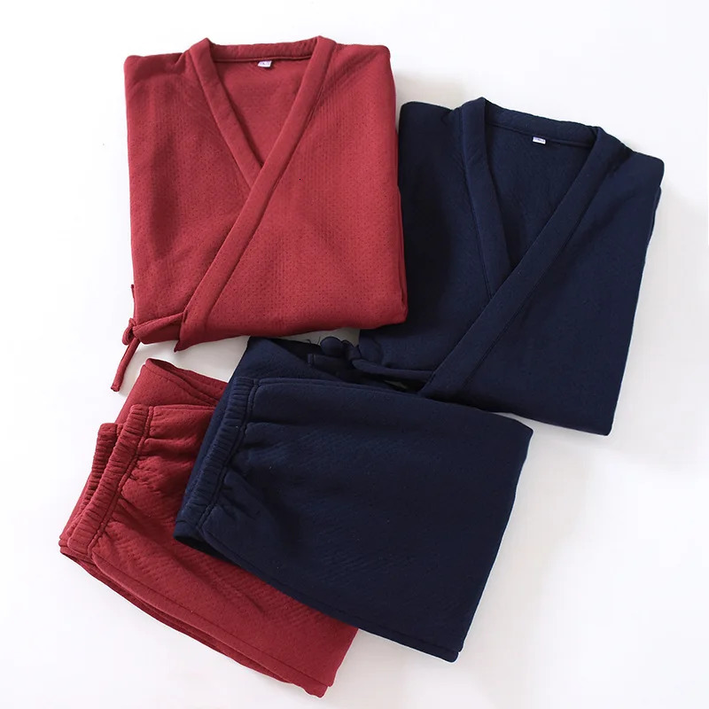 Oversize Japanese Style Kimono Cardigan Pants 2pcs Set Mens Nightwear Cotton Comfortable Home Suit Robe Sleepwear Daily Casual 250710