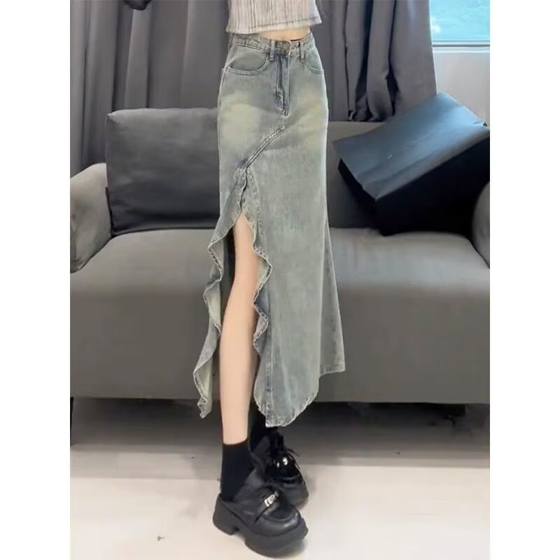 2025 New women's skirt high street irregular mermaid half skirt summer new high waist slim fit retro color A-line long skirt new designer skirt