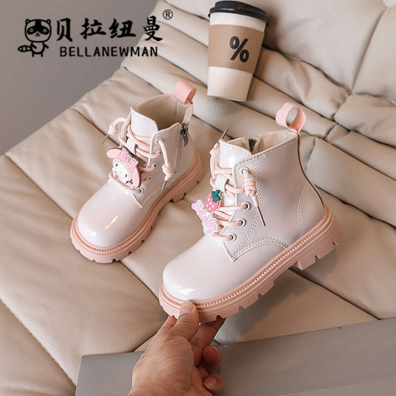 Shoes 2024 Autumn New Korean Style Patent Glossy Cartoon Girls' High-top Leather Children's Martin Boots