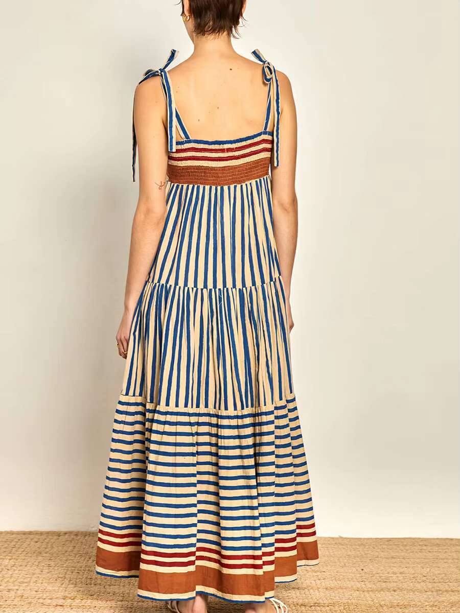 Womens Maxi Summer Casual Sleeveless Open Back Low Cut Flowy Stripe Shrimp Print Dresses 90s Vintage Long Cami Dress dongdumaoyi