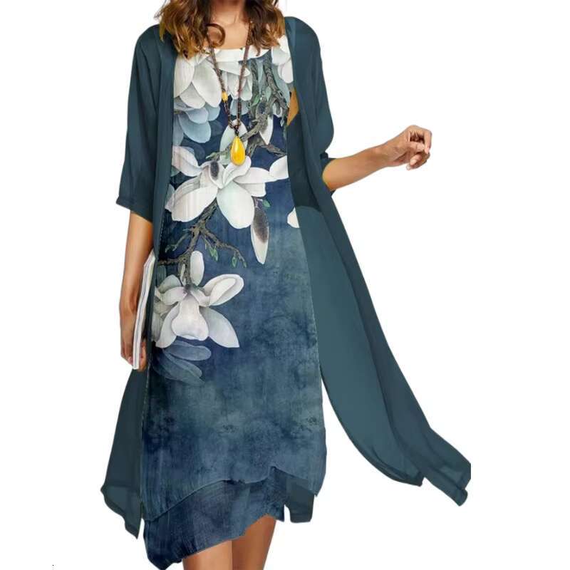 2025 new! Eu-us Summer Womens casual elegance 2 printed crew-neck loose dress sweater coat set dongdumaoyi