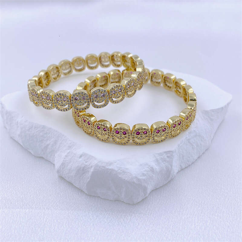 Personalized Hip-Hop Style Micro-Inlaid Smiley Face Elastic Copper Color Zircon Trendy Expression Bracelet for Couples