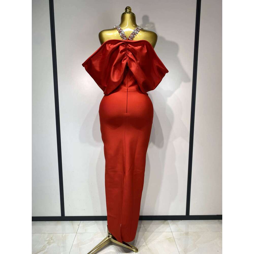 Women Sexy Elegant Halter Off the Shoulder Crystal Bodycon Long Bandage Nightclub Evening Party Birthday Dress