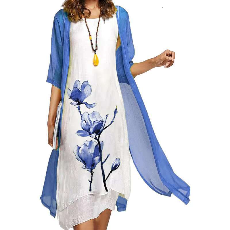 2025 new! Eu-us Summer Womens casual elegance 2 printed crew-neck loose dress sweater coat set dongdumaoyi