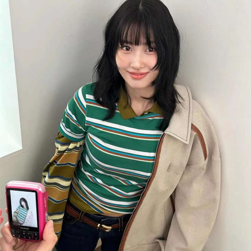 Highly Recommended Miu+ Color Series Elegant Up Color-Block Striped Regular Shoulder Short Sleeve Tee Top For Women B5