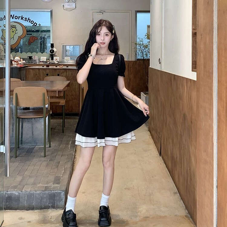 Hepburn Style Black French For Women Summer New Small Petite Elegant Waist-Cinching High-End Short Dress B5